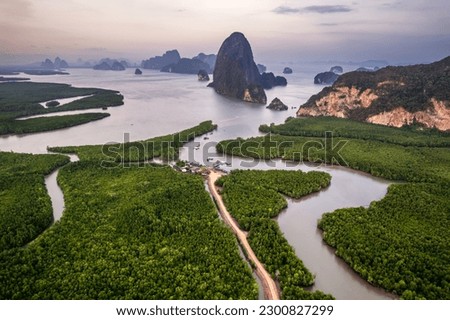 Phang Nga bay view point taken at Samet Nangshe Viewpoint near Phuket in Southern Thailand. Southeast Asia travel, trip and summer vacation drone photography.