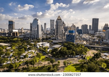 Aerial Drone Panorama Over Lumpini Park In Central Bangkok, Thailand.