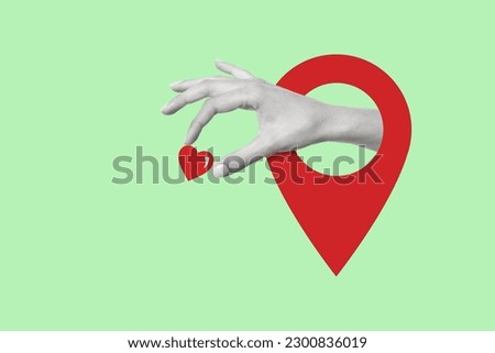 Contemporary art collage with location symbol icon and a hand holding a heart. Modern design. Holidays and love concepts. Position element. Copy space.