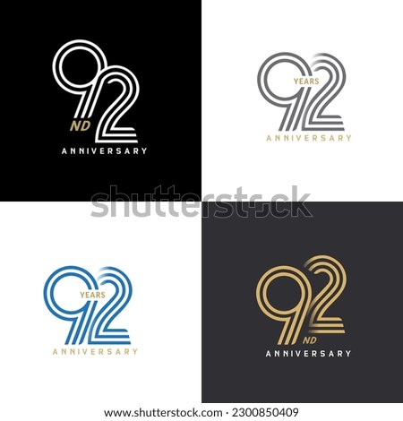 92 years anniversary vector number icon, birthday logo label, black, white and colors with stripe number Royalty-Free Stock Photo #2300850409