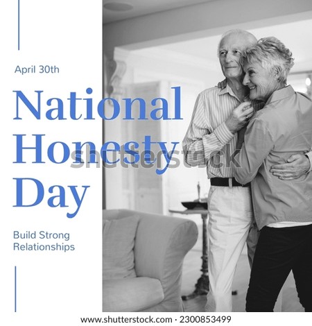 Composition of national honesty day text over caucasian couple at home. National honesty day, relationship and lifestyle concept digitally generated image.