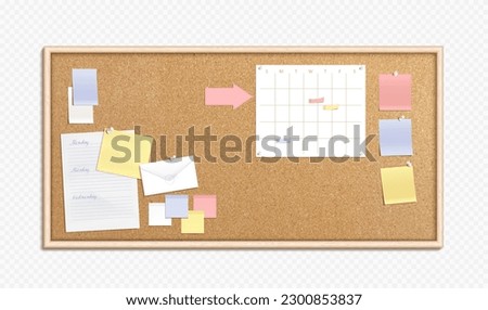 Realistic cork board with memo papers. Vector illustration of bulletin with pinned message stickers, weekly schedule planner, to-do list sheet, blank color sticky notes. Time management template Royalty-Free Stock Photo #2300853837