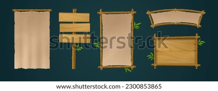 Sign boards from bamboo frames, wooden planks and paper. Game menu banners of wood signboards with hanging blank papyrus and panels on post, vector cartoon set