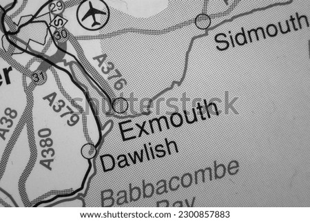 Exmouth, United Kingdom atlas map town name - black and white
