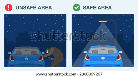 Car theft safety tips. Safe and unsafe parking area at night. Back view of a car parked in a well-lit place. Flat vector illustration template. Royalty-Free Stock Photo #2300869267