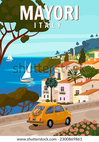 Retro Poster Italy, Mayori resort, Amalfi coast. Road retro car, mediterranean romantic landscape, mountains, seaside town, sailboat, sea. Retro travel poster Royalty-Free Stock Photo #2300869861