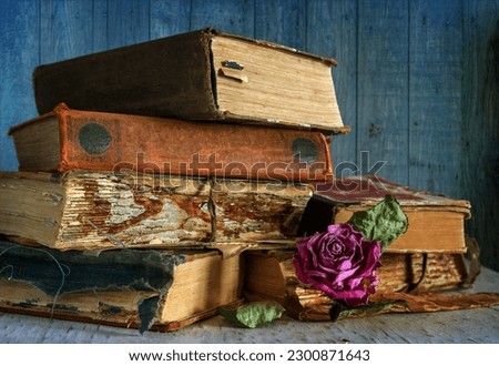 Still life with a stack of old books and a dried rose.