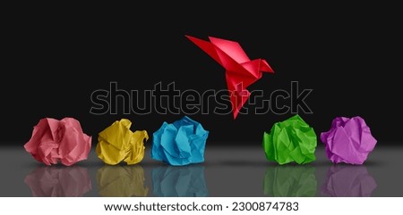 Fresh Concept and new idea and creative thought as a symbol of novel perspective and possibility as a revolutionary innovation metaphor as an origami bird in flight standing out.  Royalty-Free Stock Photo #2300874783