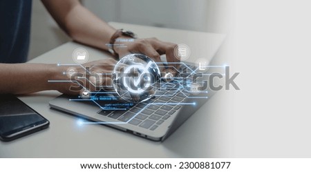 Businessman using laptop with document and mark correct for online approve paperless and business process automation concept. Royalty-Free Stock Photo #2300881077