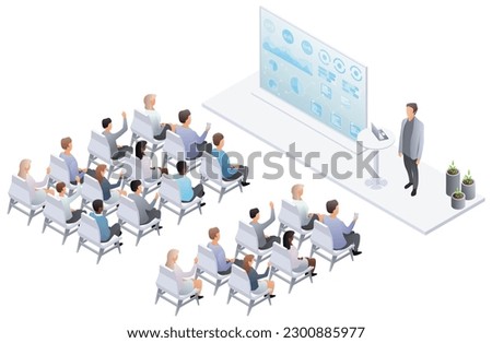 Party meeting isometric. Presentation conference coworking workplace brainstorming and discussion isolated. Business report, public speaking at work. Indicators and coaching. Vector, 3d Royalty-Free Stock Photo #2300885977