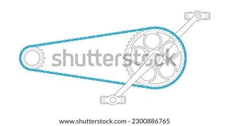 Vector black line vintage bicycle crank with blue chain. Fixed gear. Single Speed. Isolated on white background.