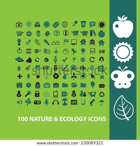 100 nature, ecology, tree icons, signs, illustrations set, vector