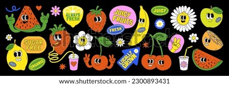 Fruit retro funky cartoon stickers. Comic character of cherry strawberry banana watermelon, slogan, quotes and other elements. Groovy summer vector illustration. Fruits berries juicy sticker pack. Royalty-Free Stock Photo #2300893431