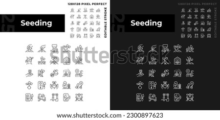 Seeding linear icons set for dark, light mode. Agricultural industry. Gardening business. Growing plants. Field sowing. Thin line symbols for night, day theme. Isolated illustrations. Editable stroke Royalty-Free Stock Photo #2300897623