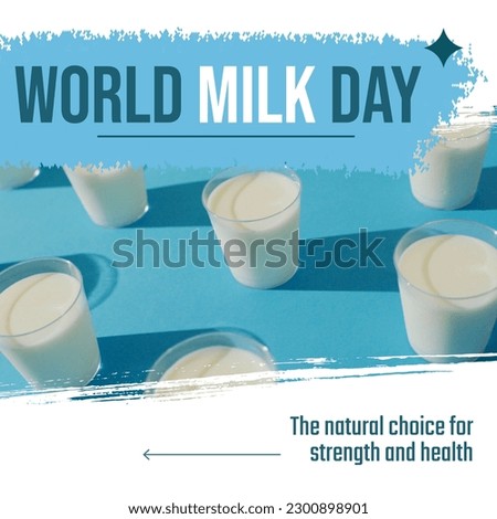Composition of world milk day text over glasses of milk on blue background. World milk day and food and drink concept digitally generated image.