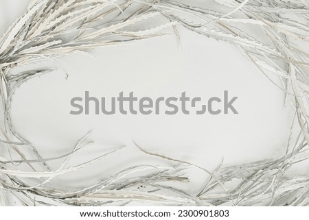 Blank mockup frame with empty copy space made of dried white leaves on white background. Flat lay, top view