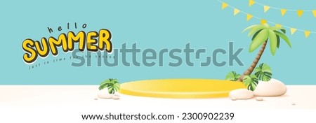 Summer travel poster banner with yellow product display podium summer tropical beach scene design background
