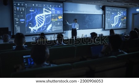 Diverse Multicultural Students Studying in University Room, Listening to a Young Female Professor Explaining DNA Structure Families. DNA Sequencing Methods Education in College Royalty-Free Stock Photo #2300906053