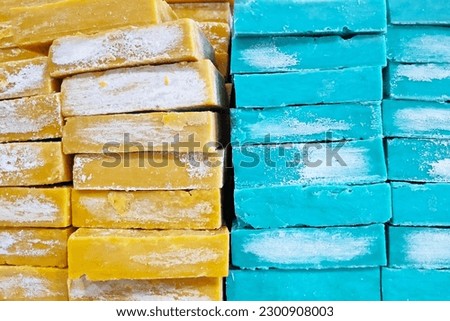 Close-up on a stack of Turkish soaps for sale.