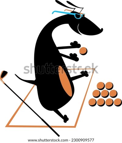 Dog playing golf. 
Golf course. Cartoon dog playing golf
