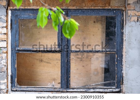 An old window in a dilapidated building, some of the shutters have no glass. Dark window frame. In the foreground, a tree branch with green leaves is more visible. 
Decline, desolation. Aging. Royalty-Free Stock Photo #2300910355