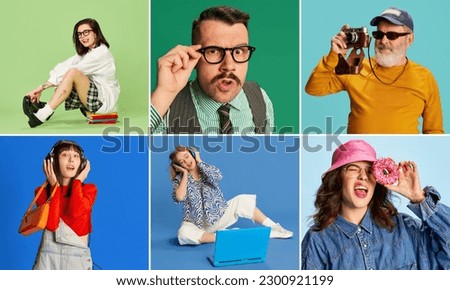 Collage made of different people of diverse age and gender posing in various life situations over multicolored background. Concept of youth, emotions, lifestyle, diversity, hobby, fashion Royalty-Free Stock Photo #2300921199