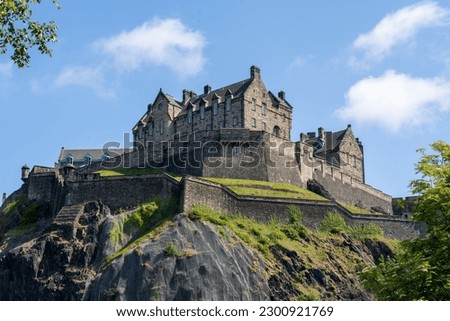 The beautiful view of the Edinburgh Castle high on the hill, Edinburgh, Scotland