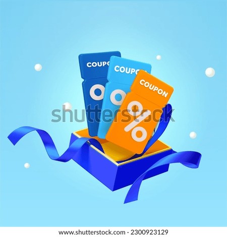 3d Vouchers, Coupons jumping out of a gift box with ribbons, isolated on background. Design concept for business, online commerce, finance. 3d Vector illustration Royalty-Free Stock Photo #2300923129