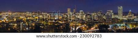 Portland Oregon Downtown Cityscape and Freeway at Evening Blue Hour Panorama