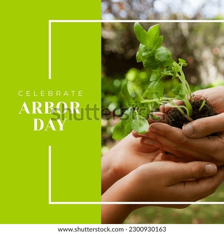 Composition of arbor day text and caucasian woman holding seedling. Arbor day, gardening and nature concept digitally generated image. Royalty-Free Stock Photo #2300930163