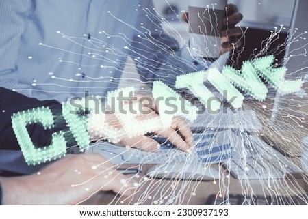 Start up drawings with businessman working on computer on background. Teamwork concept. Double exposure.
