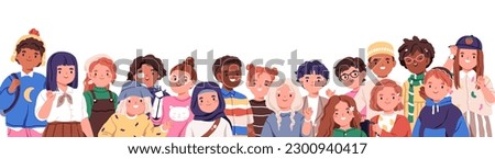 Happy international children, inclusive kindergarten group. Diverse cute kids with disabilities, multi ethnic little girls and boys team. Flat graphic vector illustration isolated on white background
