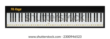 3d render 76 keys piano keyboard layout with music note symbol isolated on white background clipping path