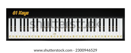 3d render 61 keys piano keyboard layout with music note symbol isolated on white background clipping path