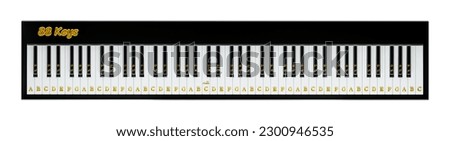 3d render 88 keys piano keyboard layout with music note symbol isolated on white background clipping path