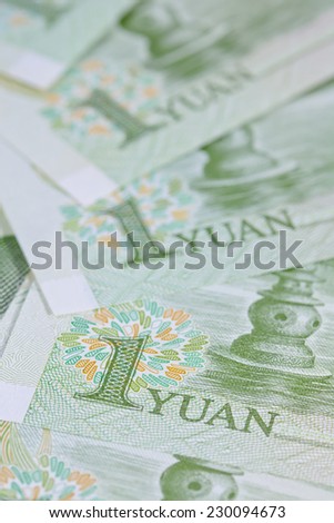 Chinese money (renminbi) - 1 Yuan bank notes. Concept photo for money and business ; selective focus with blur background