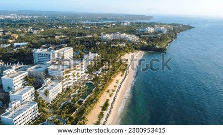 A drone shot over the Beach of the Coastal part of Mombasa, Kenya at sunrise Royalty-Free Stock Photo #2300953415