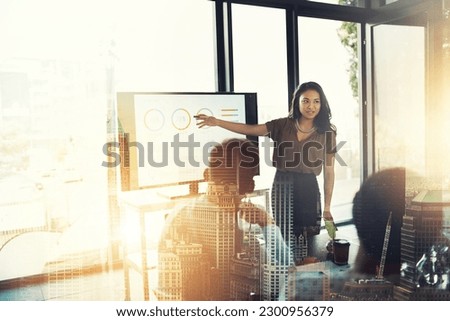 Business woman, coaching and presentation in double exposure for meeting, teamwork or workshop at office. Female coach or mentor training staff on screen, graph or chart data with city overlay Royalty-Free Stock Photo #2300956379