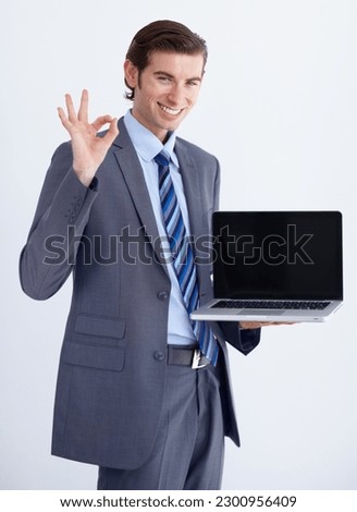 Perfect, hand and laptop mockup by man portrait in studio with space for advertising on white background. Face, yes and happy business person with ok emoji, vote or positive feedback or online review