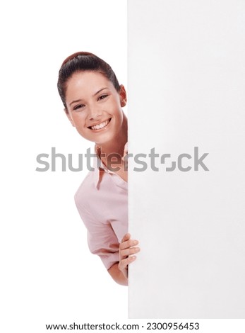 Billboard mockup, portrait smile or woman with contact us sign, advertising space or business poster. Corporate logo, peek or female employee, studio agent or worker isolated on white background