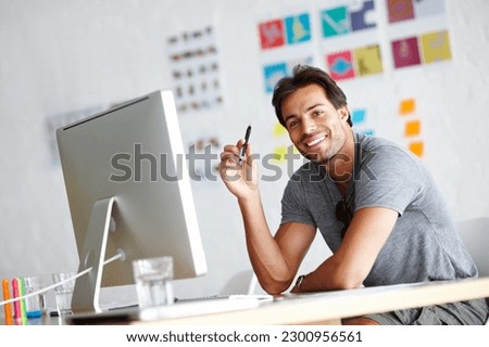Computer, man portrait and pen for ideas, planning and creativity in online career, graphic design and website. Creative, face and happy person with desktop pc, startup business and office workplace