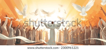 Biblical vector illustration series, Pentecost also called Whit Sunday, Whitsunday or Whitsun. It commemorates the descent of the Holy Spirit upon the Apostles and other followers of Jesus Christ Royalty-Free Stock Photo #2300961221