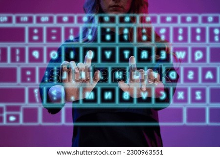 Businesswoman typing on virtual, digital wireless keyboard, working with statistics, programming. Futuristic technology transformation. Business, modern technologies, network, digitalization concept