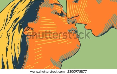 Couple kissing, love clip art, orange and green retro illustration in vector format