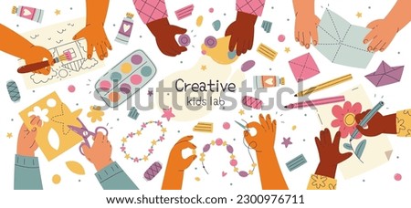 Creative children hands flat illustrations set. Small hands cutting paper, creating accessory, holding brush and doing origami. Hobby and leisure activity. Handmade design elements
