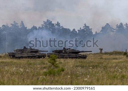 The photo shows a Leopard 2 tank, which has been deployed by the Ukrainian military to bolster their armored capabilities in the ongoing conflict, and is a formidable force on the battlefield Royalty-Free Stock Photo #2300979161