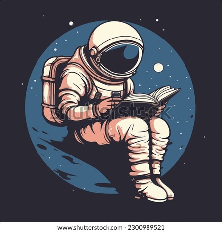 Astronaut in spacesuit sitting and reading book cartoon character  vintage badge logo vector illustration for poster and t shirt design Royalty-Free Stock Photo #2300989521