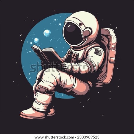 Astronaut in spacesuit sitting and reading book cartoon character  vintage badge logo vector illustration for poster and t shirt design Royalty-Free Stock Photo #2300989523