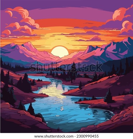 landscape vector illustration. A colorful illustration of a river in a landscape with mountains and trees. 