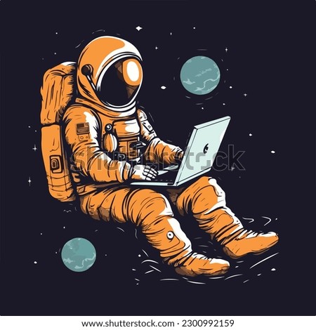 Astronaut in spacesuit working using laptop computer vintage badge logo vector illustration for t shirt and poster design Royalty-Free Stock Photo #2300992159